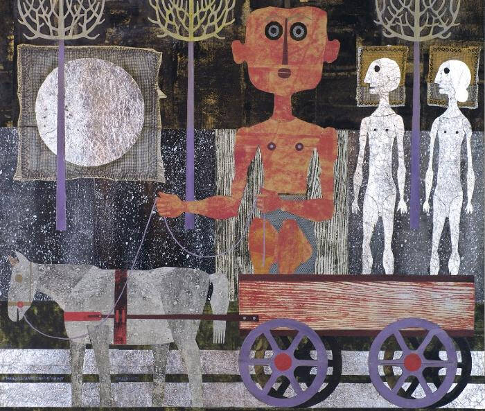 Image has three figures, all in a horse drawn cart. The horse is grey and white, the wheels of the cart are purple. One figure appears larger than the others and holds the reins of the cart. T